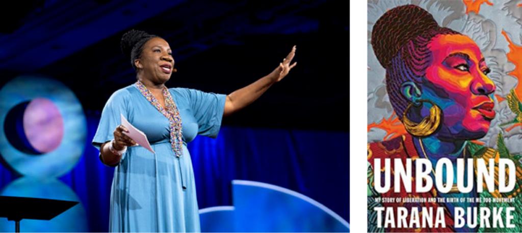 left, Tarana Burke stands in an elegant blue dress with her hand outstretched. right, a screenshot of the book, Unbound.