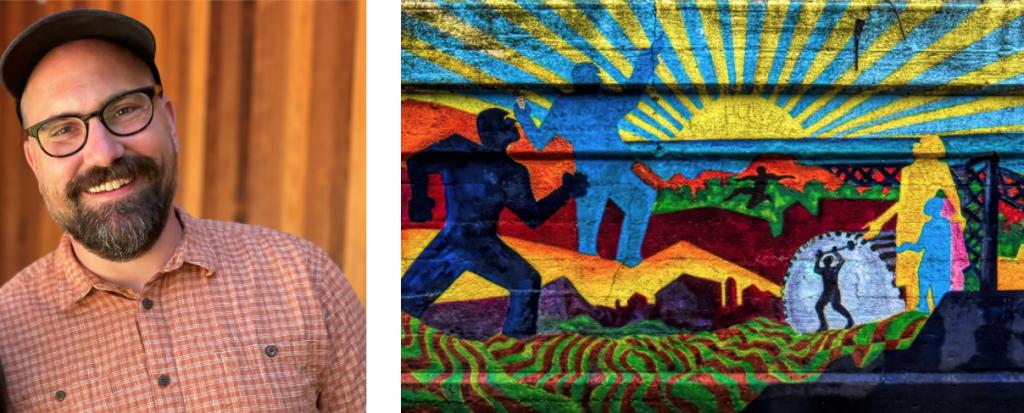 Left, portrait of contributing author Ben Cushing. Right, image of a mural titled 'Rising Sun.'