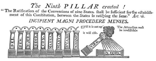 A political cartoon, often referred to as "The Ninth Pillar erected," published shortly after New Hampshire became the ninth state to ratify the U.S. Constitution on June 21, 1788. The cartoon illustrates the formation of the new Federal government, which required the ratification of at least nine states to be established, as noted in Article VII of the Constitution. 