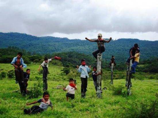 11 Zapatista children posing in front of green hills