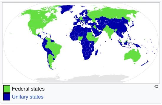 A global map of Unitary States and Federal States.