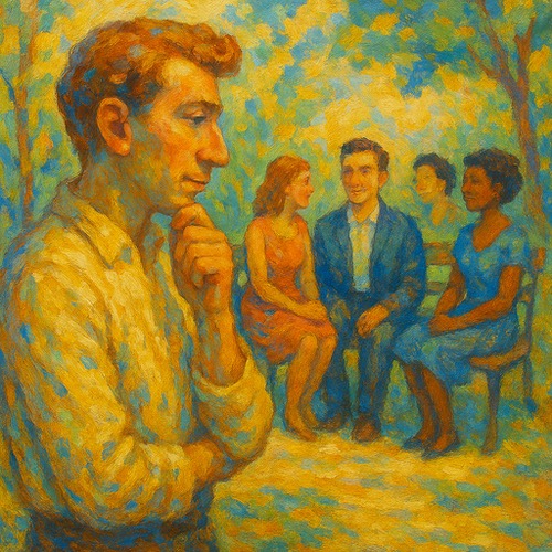 Man pondering in a park being watched by others on a park bench.