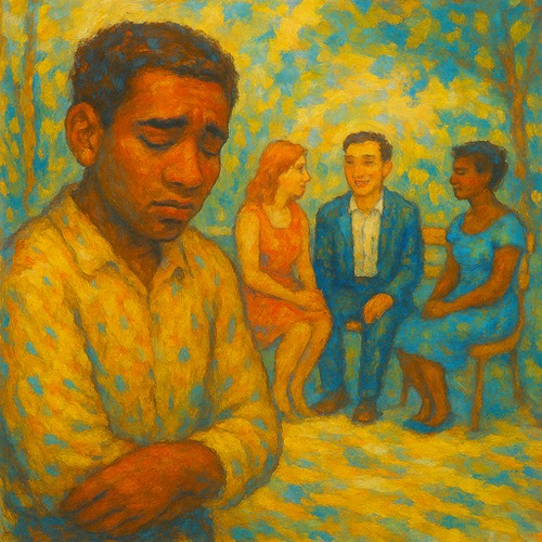 Man in foreground is sad and a small group cats behind him seeming not to notice.