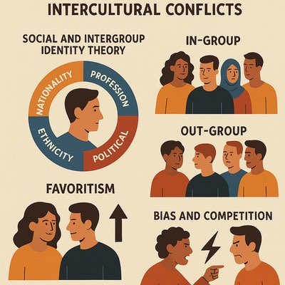 Graphic showing in and out groups and how this affects identity through favoritism or exclusion.