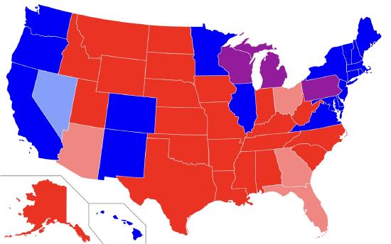 Map of red states and blue states in the U.S.  Red=The Republican candidate carried the state in all four most recent presidential elections (2012, 2016, 2020, 2024).  Light red=The Republican candidate carried the state in three of the four most recent elections.  Purple=The Republican candidate and the Democratic candidate each carried the state in two of the four most recent elections.  Light blue=The Democratic candidate carried the state in three of the four most recent elections.  Blue=The Democratic candidate carried the state in all four most recent elections