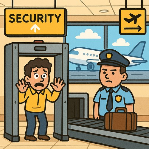 Cartoon image of a man trapped in airport security.