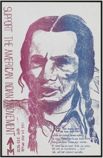 A poster depicting a portrait of a Native American to raise awareness for the American Indian Movement, 1968.