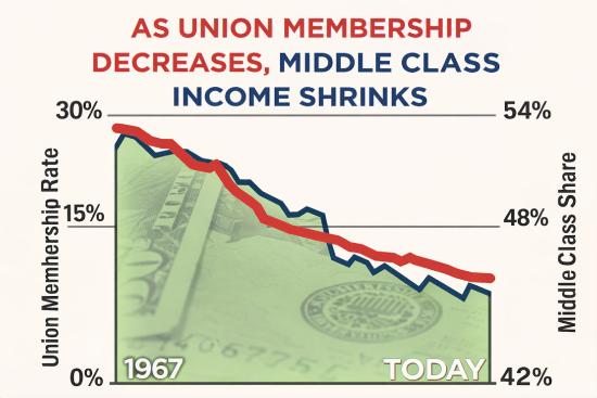 Graph showing that as union membership decreases, middle class income shrinks.