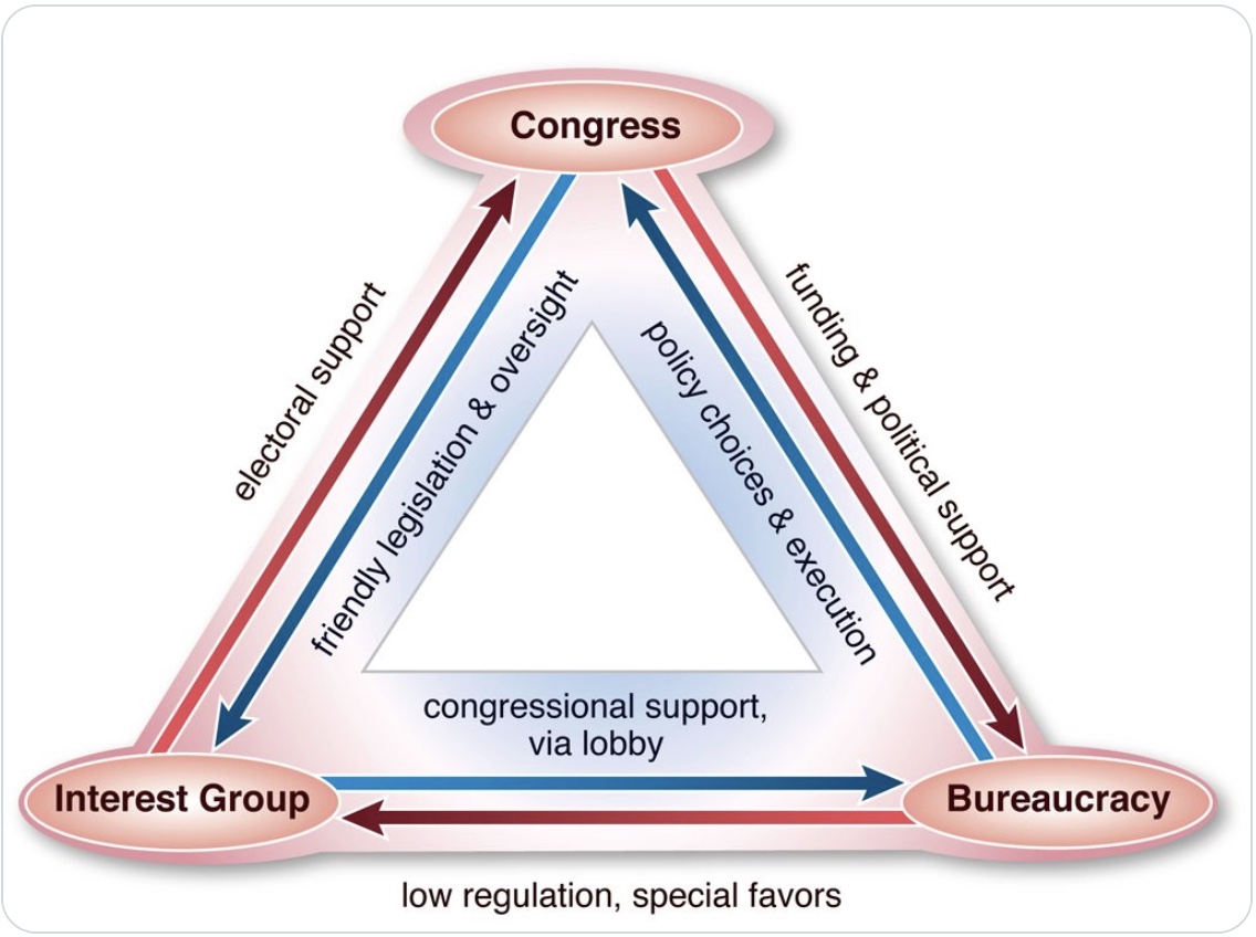 An&nbsp;"iron triangle"&nbsp;comprises the&nbsp;policy-making relationship among the&nbsp;congressional committees, the&nbsp;bureaucracy, and&nbsp;interest groups.