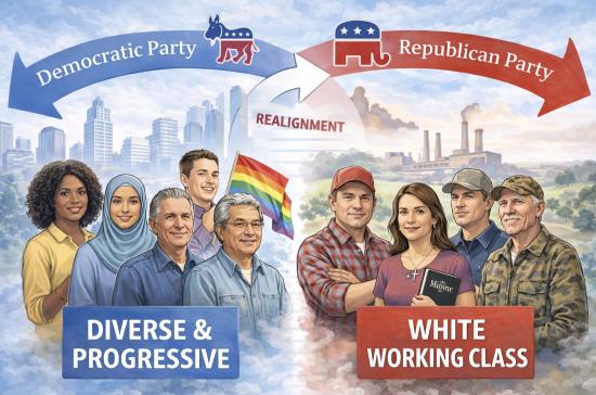In recent decades, many white working-class voters have shifted from the Democratic New Deal coalition to the Republican Party, while Democrats have become more diverse and progressive, anchored by urban voters, racial and ethnic minorities, and younger generations.