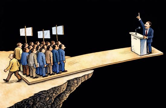 A political cartoon illustrating the precarious relationship between leaders and the public: a politician stands on a platform supported by the very citizens he addresses, highlighting how political authority ultimately rests on the support of the people.