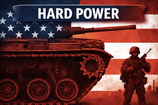 An image of a tank and a soldier in front of a U.S. flag illustrating hard power.
