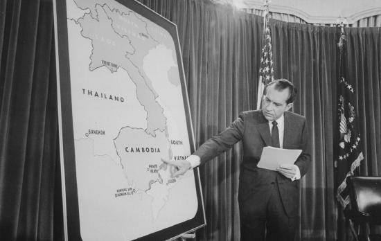 President&nbsp;Richard Nixon&nbsp;gestures toward a map of&nbsp;Cambodia and Vietnam&nbsp;during the Vietnam War.