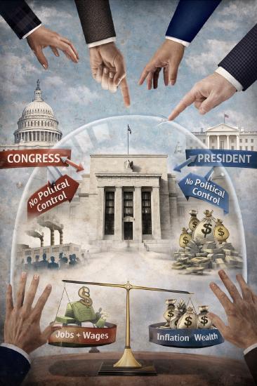 Image illustrating that The Federal Reserve operates independently from elected branches to avoid short-term political pressure.
