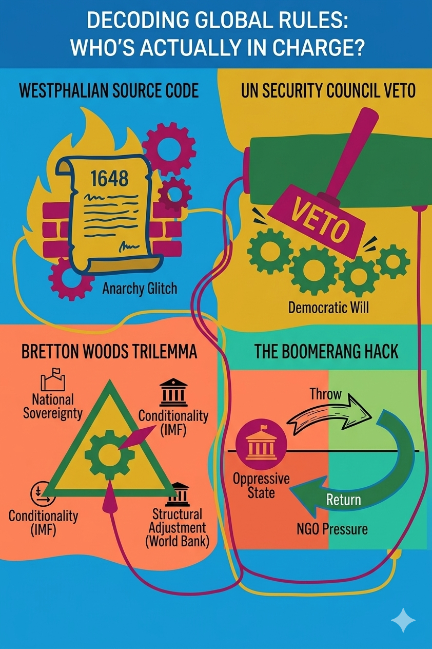 Diagram of global power systems: Westphalia, UN veto, Bretton Woods, and NGO pressure shaping governance