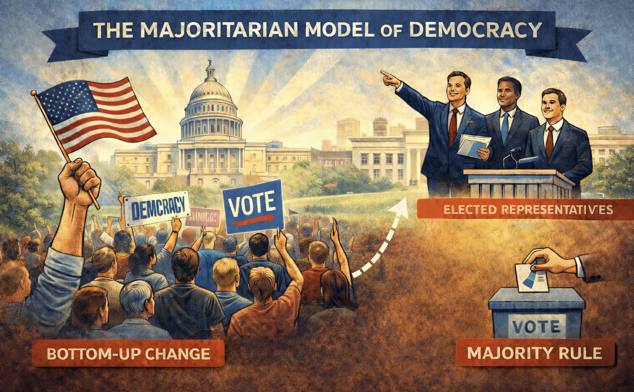An image showing the majoritarian model of democracy, political power flows from the people upward. Citizens express their preferences through voting and collective participation, and elected representatives are expected to translate the will of the majority into public policy.