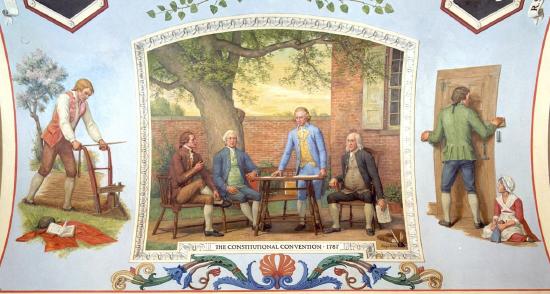 Allyn Cox Oil on Canvas: This mural shows delegates meeting in Benjamin Franklin's garden (from left to right): Alexander Hamilton, James Wilson, James Madison, and Benjamin Franklin.     Left: The plowman and his book symbolize education for all, a concern of the time.    Right: A colonist bars the door of his home, symbolizing the desire for freedom from unreasonable search that was eventually addressed by the Fourth Amendment to the Constitution.
