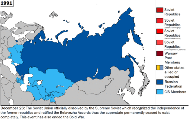 Map of the Soviet Union from December 26 1991, showing the independent states and territories and captioned.