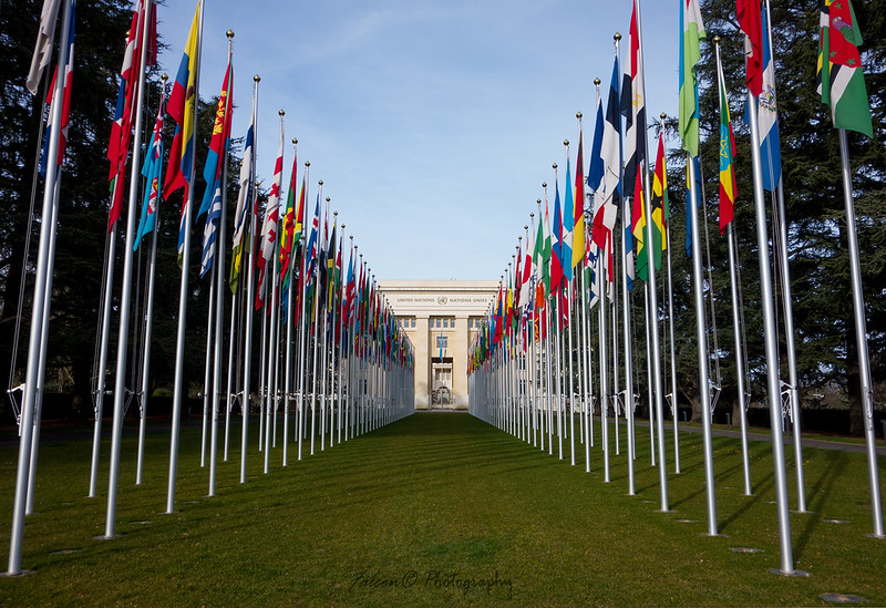 Exterior of UN Office and member flags.