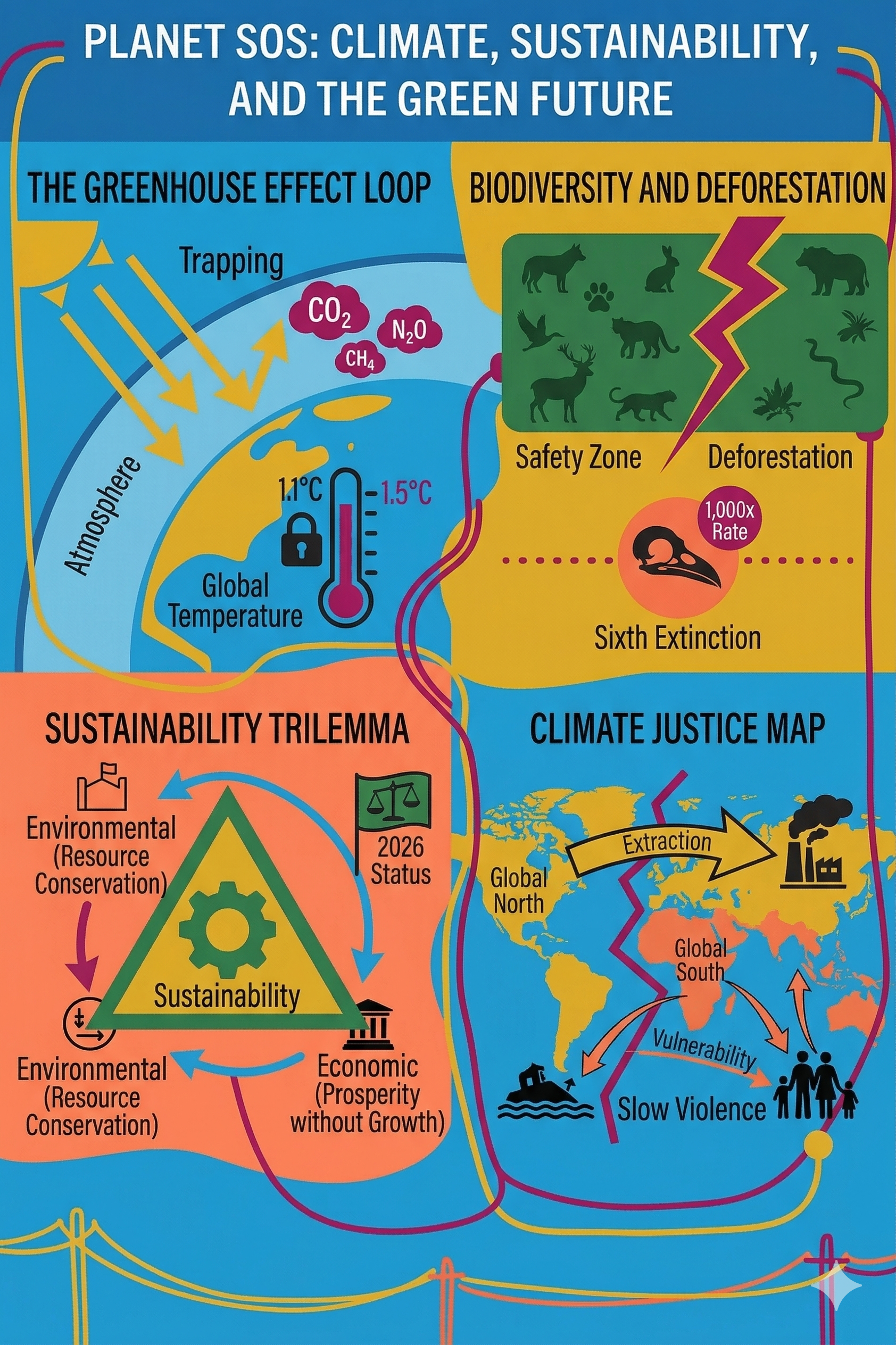 Infographic illustrating climate issues: greenhouse effects, biodiversity loss, sustainability challenges, and climate justice globally.