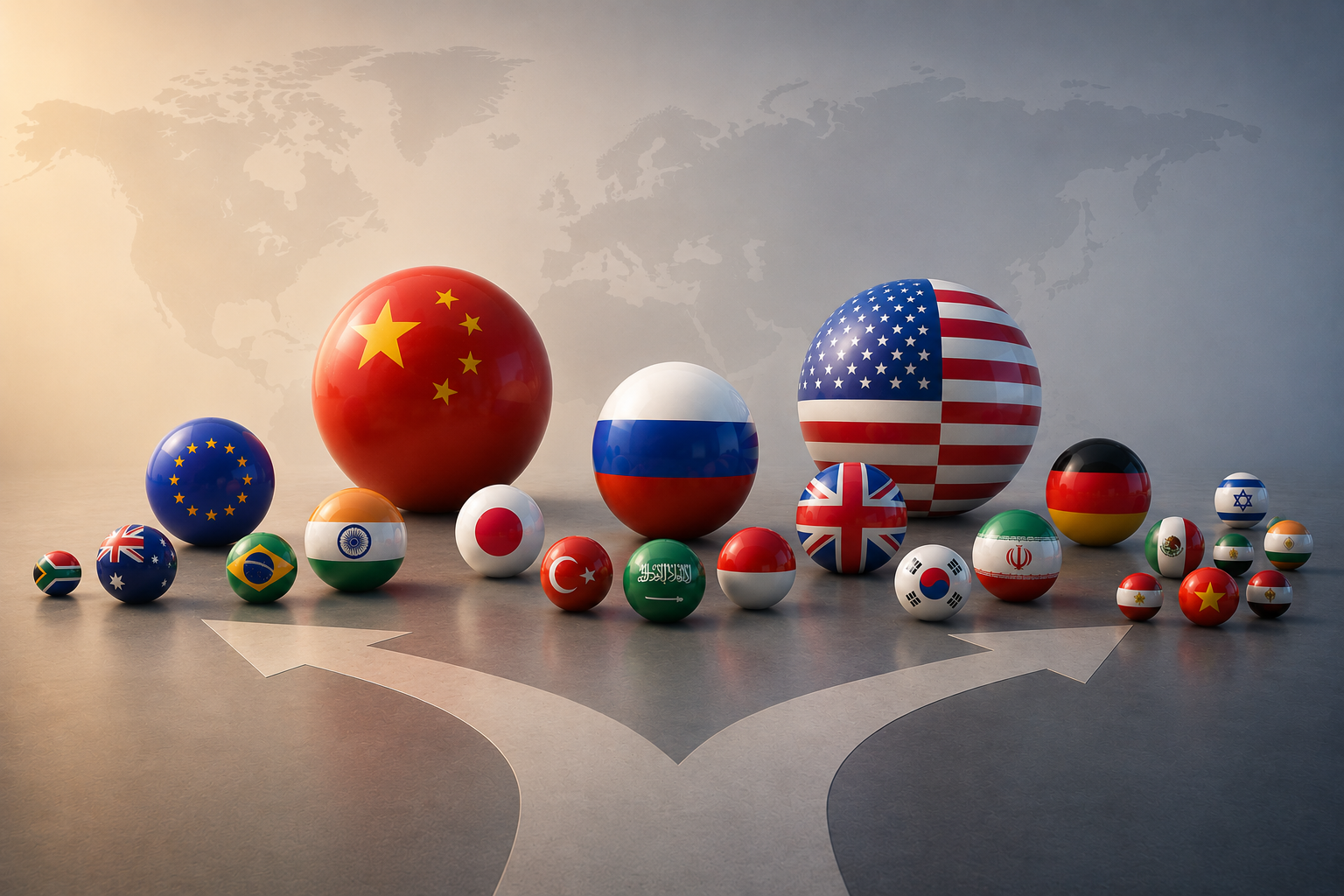 An image of spheres with the flags of various countries.