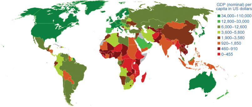 Esta imagem é um mapa colorido do mundo com apenas algumas áreas com altos PIBs.