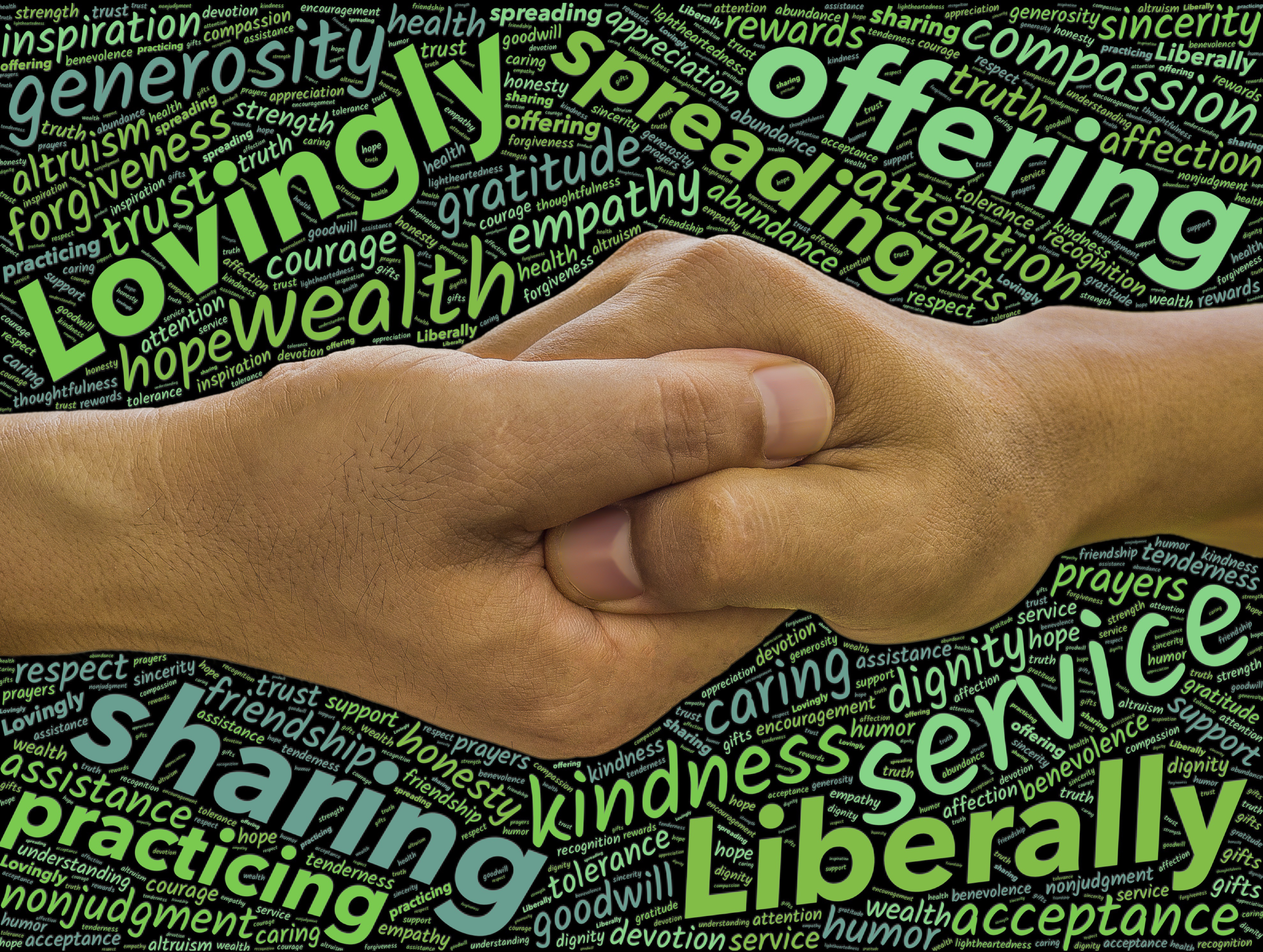 Two hands grasping each other against a green, stylized background of words depicting qualities associated with kindness.