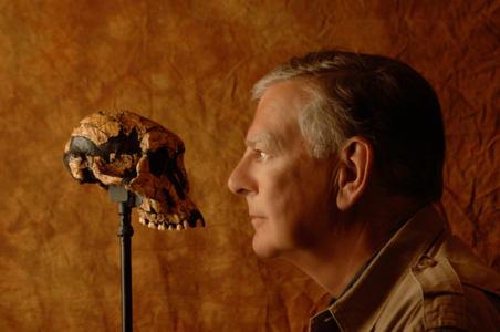 Foto de perfil del hombre humano moderno probablemente en sus sesenta años mirando a la cara de un cráneo fósil montado en un poste estrecho.