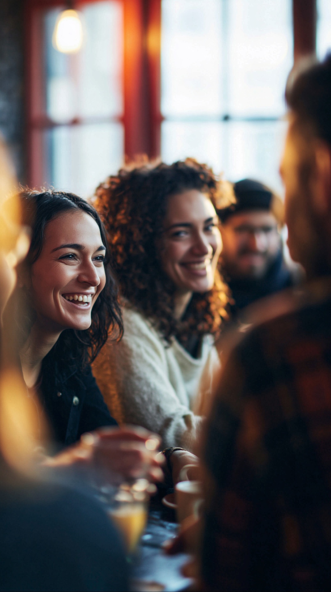 Friends in a coffee bar smiling