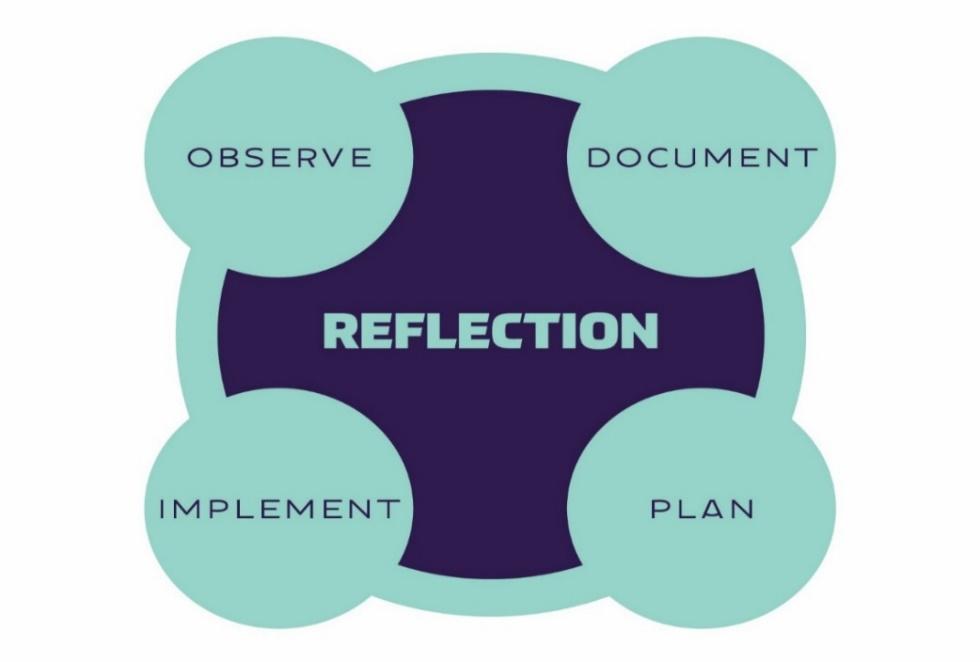 A purple circle with "reflection" in the middle surrounded by four smaller, green circles labeled, "observe," "document," "plan," and "implement."