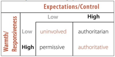A table illustrating the warmth and expectations of each of Baumrind's parenting styles