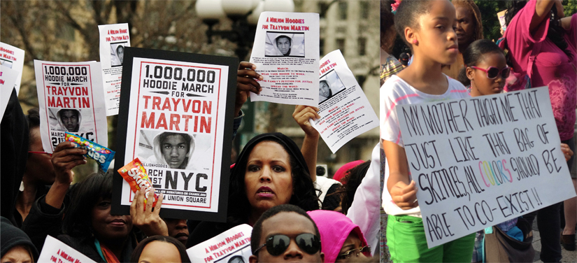 Deux photographies montrent des personnes brandissant des pancartes lors d'un rassemblement pour protester contre la mort de Trayvon Martin. Une femme afro-américaine sur la photo de gauche tient une pancarte avec le texte « Un million de sweats à capuche marchent pour Trayvon Martin » dans une main et un sac de quilles dans l'autre. Sur la photo de droite, une jeune fille afro-américaine tient une pancarte avec le texte « Ma mère m'a appris que, comme ce sac de quilles, toutes les couleurs devraient pouvoir coexister ! »