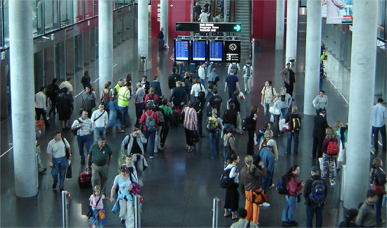 Crowded airport in Zurich, with a high load