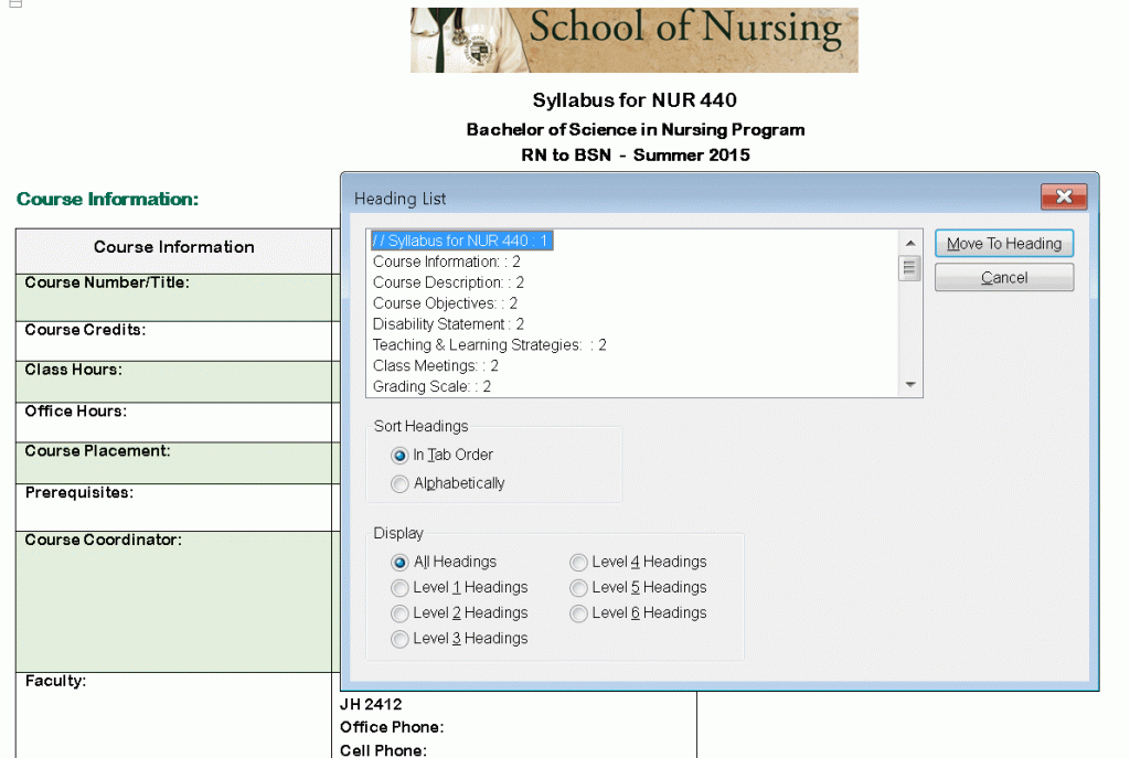 JAWS pop-up window showing a list of headings in a Word syllabus
