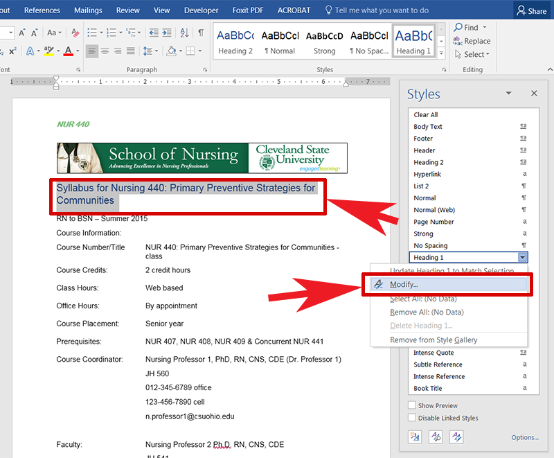 Screen capture of the pop up menu with the Modify option in Word.