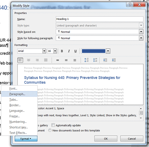Screen capture of Word's Modify Style pop-up window, with the Format button active and secondary menu popping up.