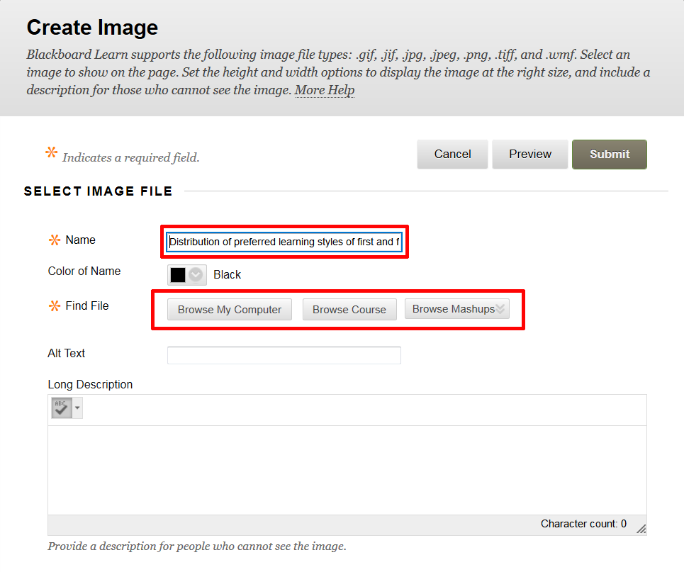 Blackboard's Create Image window with the Name field and File File buttons highlighted.