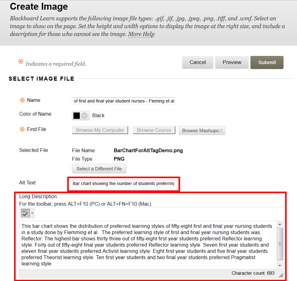 Blackboard's Create Image window with the Alt Text and Long Description fields highlighted.