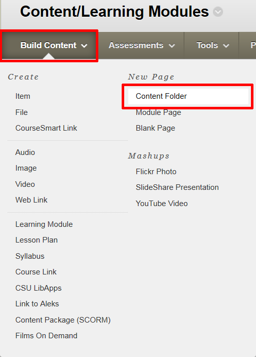 Blackboard's Build Content menu expanded with Content Folder highlighted.