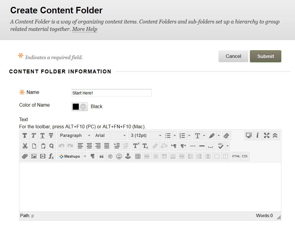 Blackboard's Create Content Folder window with an area for a Name and Text description