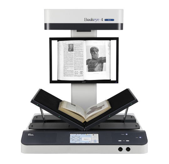 The Bookeye 4 scanner with a book on its platform.