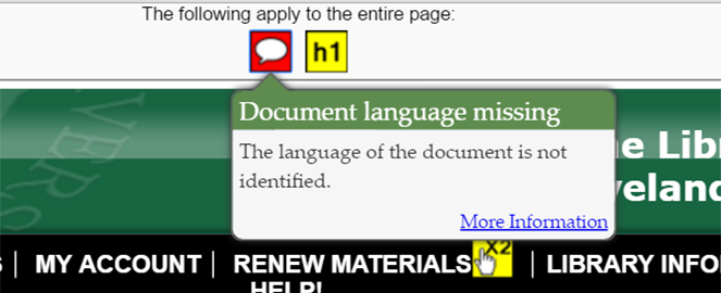 A popup window for WAVE's red chat bubble icon. It says, "Document language missing. The language of the document is not identified."