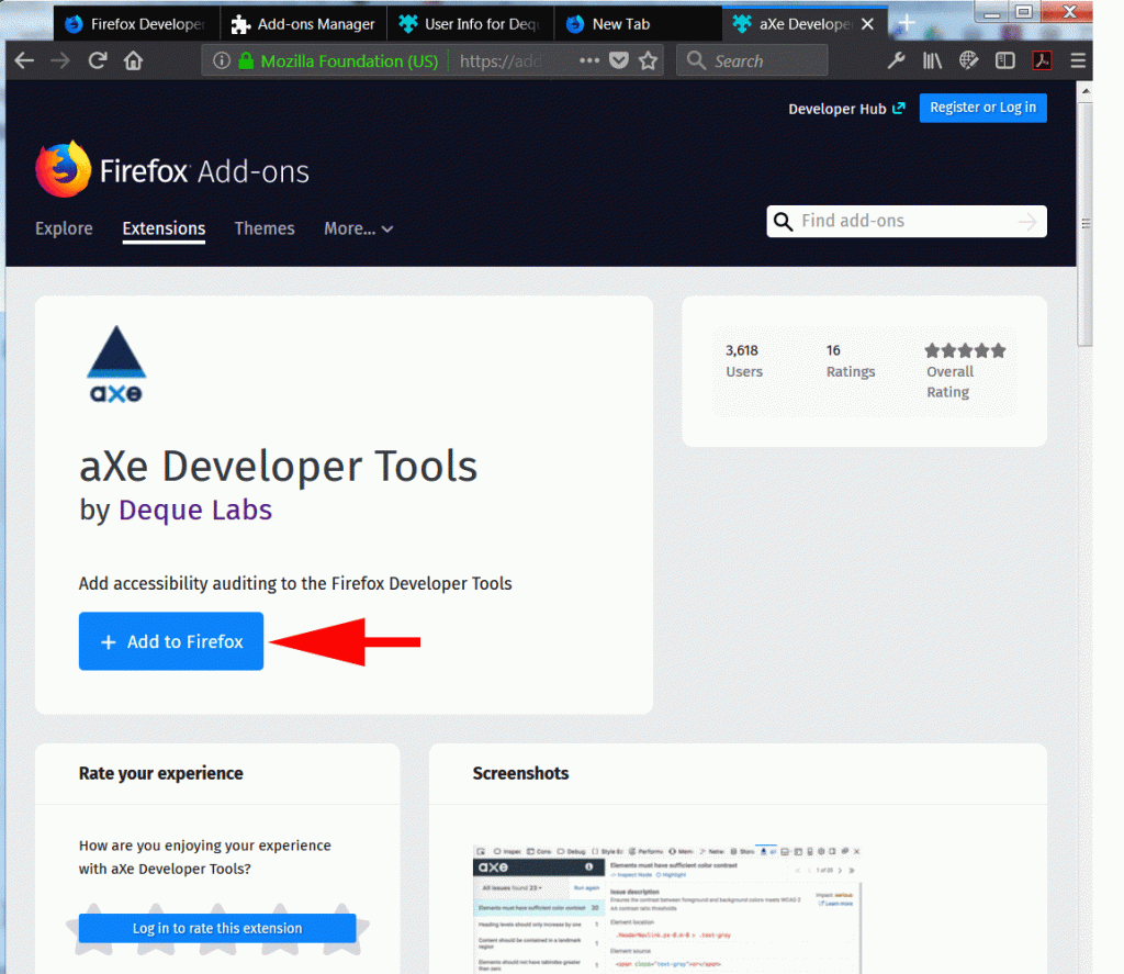 aXe Extension details page with the Add to Firefox button