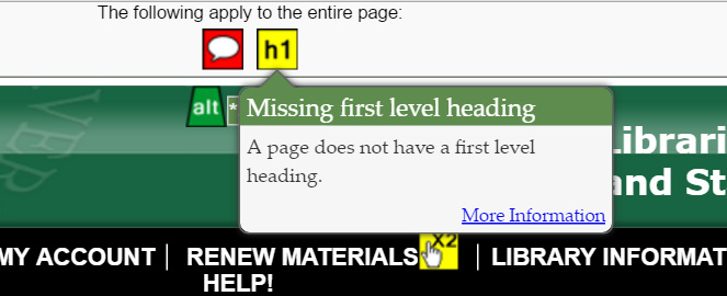 The popup window for WAVE's yellow h1 icon. It says, "Missing first level heading. A page does not have a first level heading."