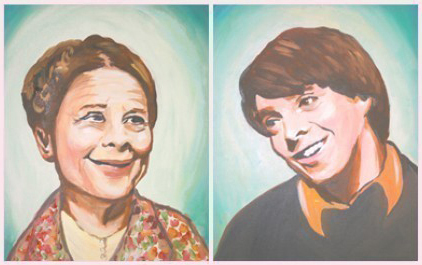 Uma pintura em estilo díptico dos atores Ruth Gordon, uma mulher idosa (à esquerda), e Bud Cort, um jovem (à direita), é mostrada.