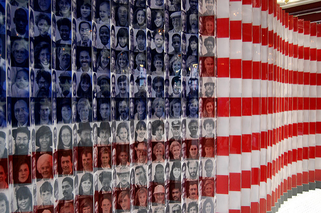 An American flag made from pictures of immigrants
