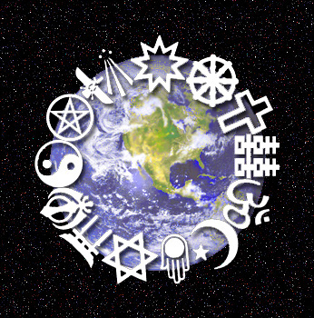 Les symboles de 14 religions sont représentés dans un cercle au bord d'une illustration de la Terre, avec l'Amérique du Nord et une partie de l'Amérique du Sud visibles. L'illustration de la Terre est représentée assise au milieu d'un ciel étoilé.