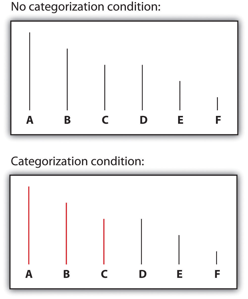 Perceptual Accentuation: Lines C and D were seen as the same length in the noncategorized condition, but line C was perceived as longer than line D when the lines were categorized into two groups.