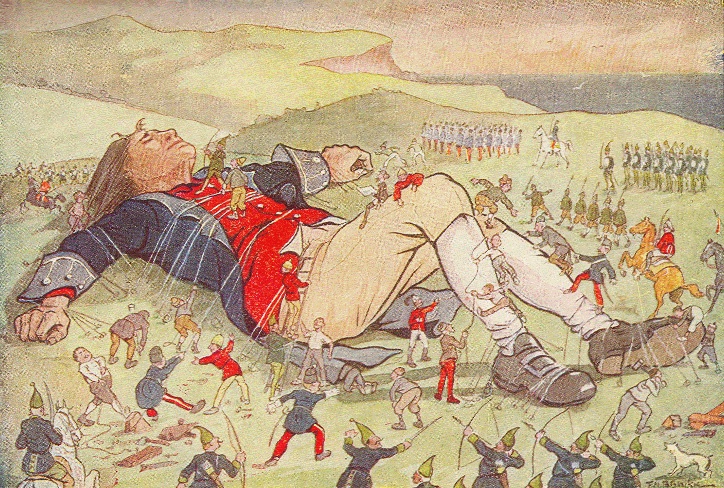 Illustration from the book Gulliver's Travels showing Gulliver captured by the Lilliputians
