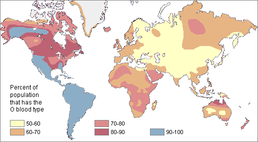 Map of clinal distribution of Type O blood.